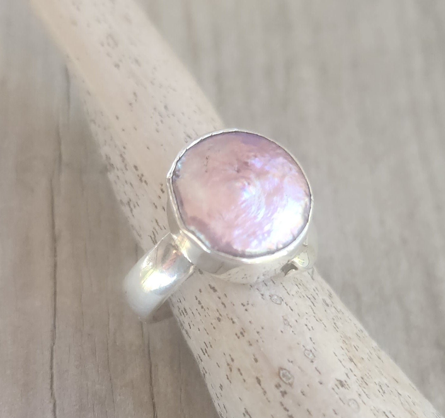 Large ring,coin pearl,sterling silver, freshwater freeform pearl,chunky ring,wedding ring,boho,handmade, retro ring,modern,