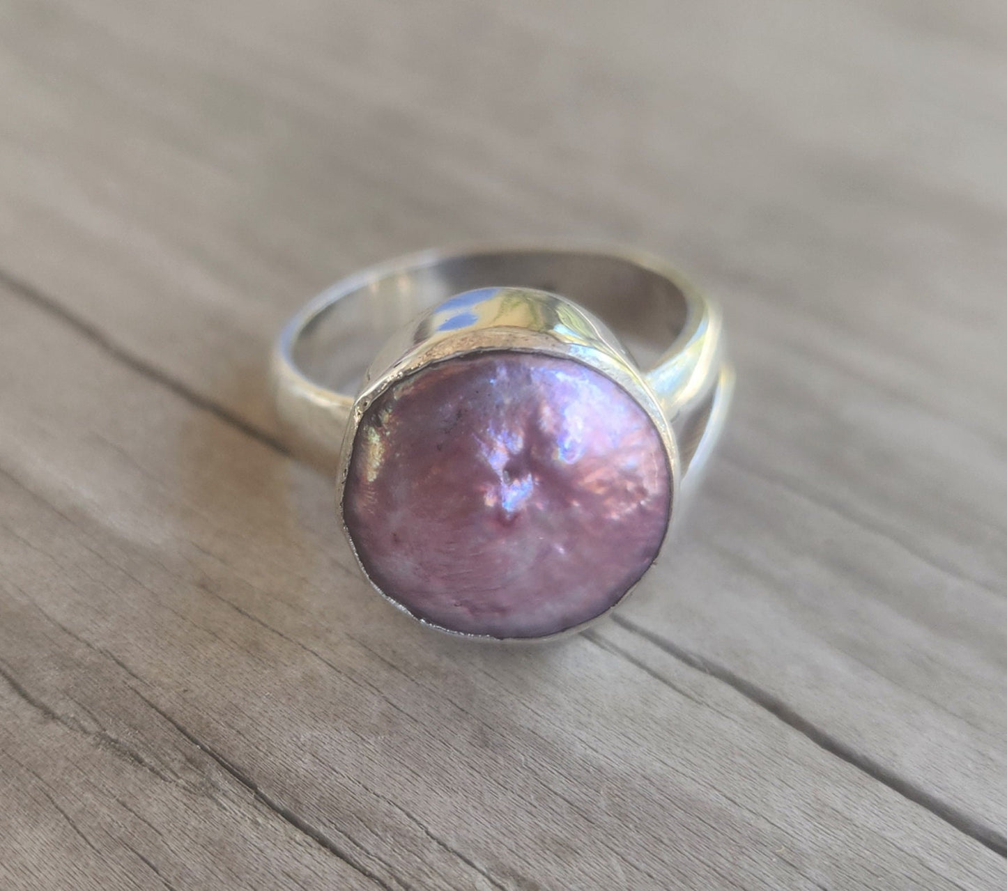 Large ring,coin pearl,sterling silver, freshwater freeform pearl,chunky ring,wedding ring,boho,handmade, retro ring,modern,