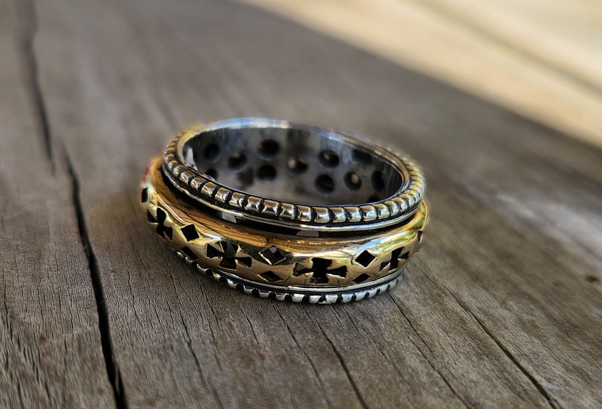 spinner ring,9k gold and sterling silver cross ring,two tone,mixed metal,handmade wedding band,worry ring