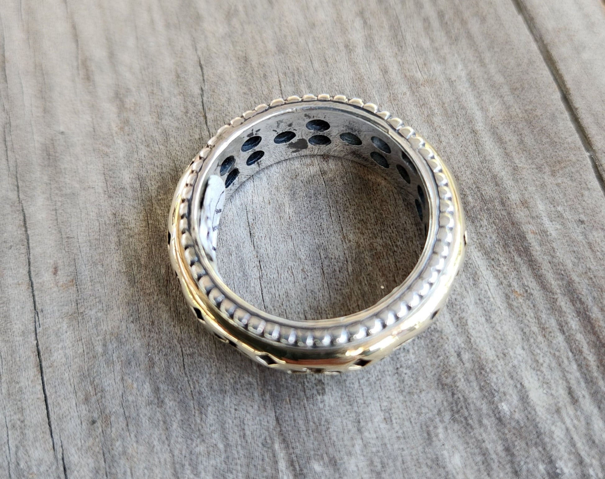 spinner ring,9k gold and sterling silver cross ring,two tone,mixed metal,handmade wedding band,worry ring