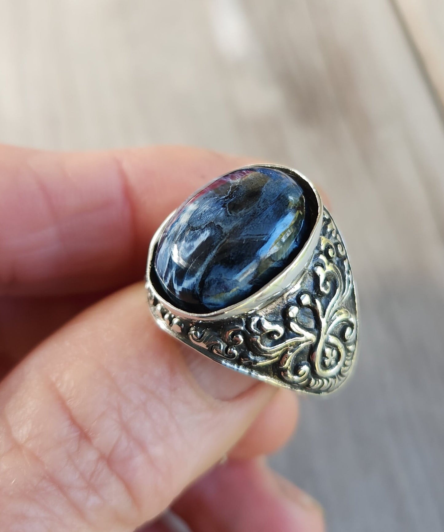 Tigers eye ring,sterling silver,blue grey stone,mens ring,wedding dress ring, antique scroll,boho,vintage,onyx gemstone ring,unisex