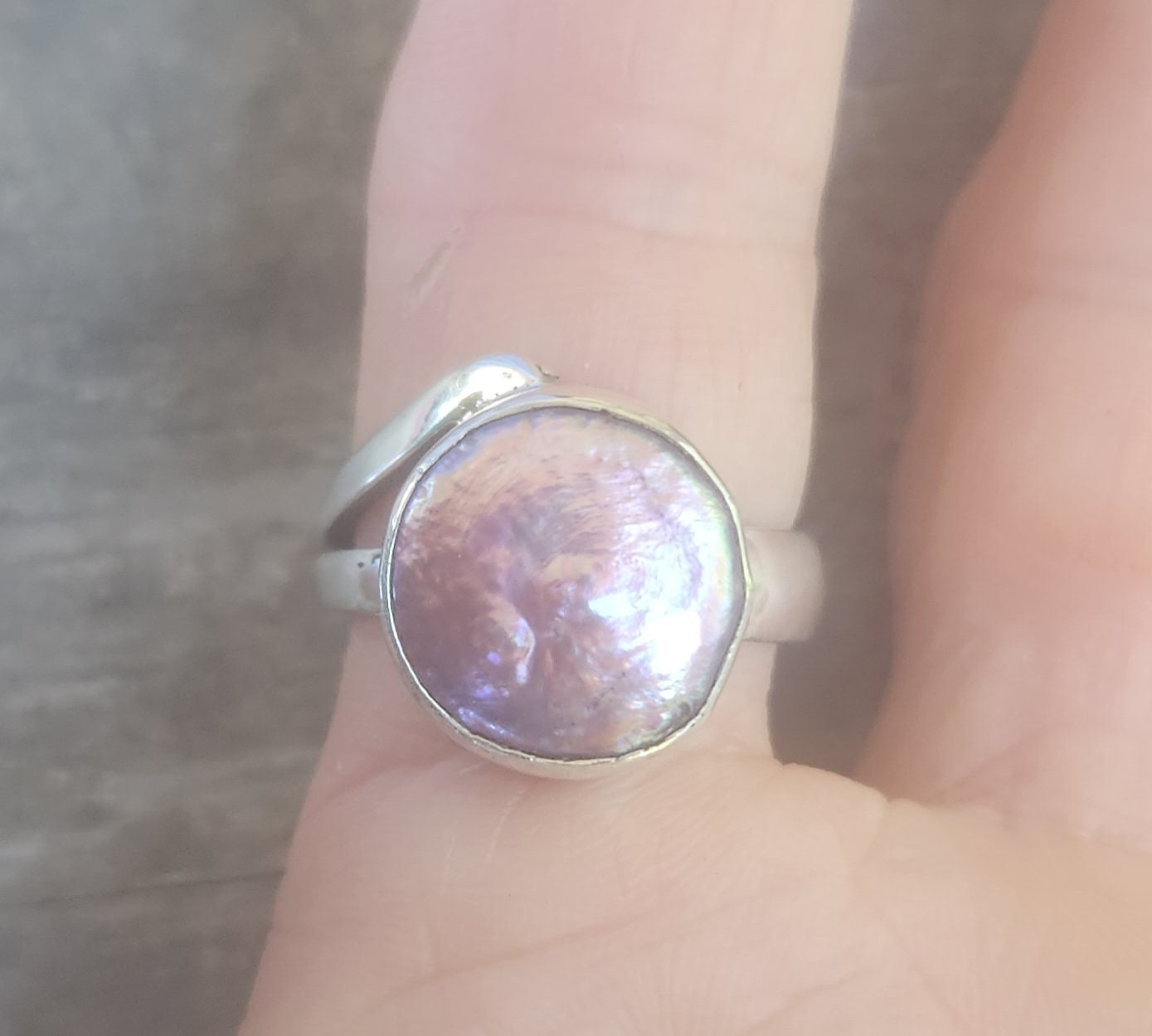 Large ring,coin pearl,sterling silver, freshwater freeform pearl,chunky ring,wedding ring,boho,handmade, retro ring,modern,