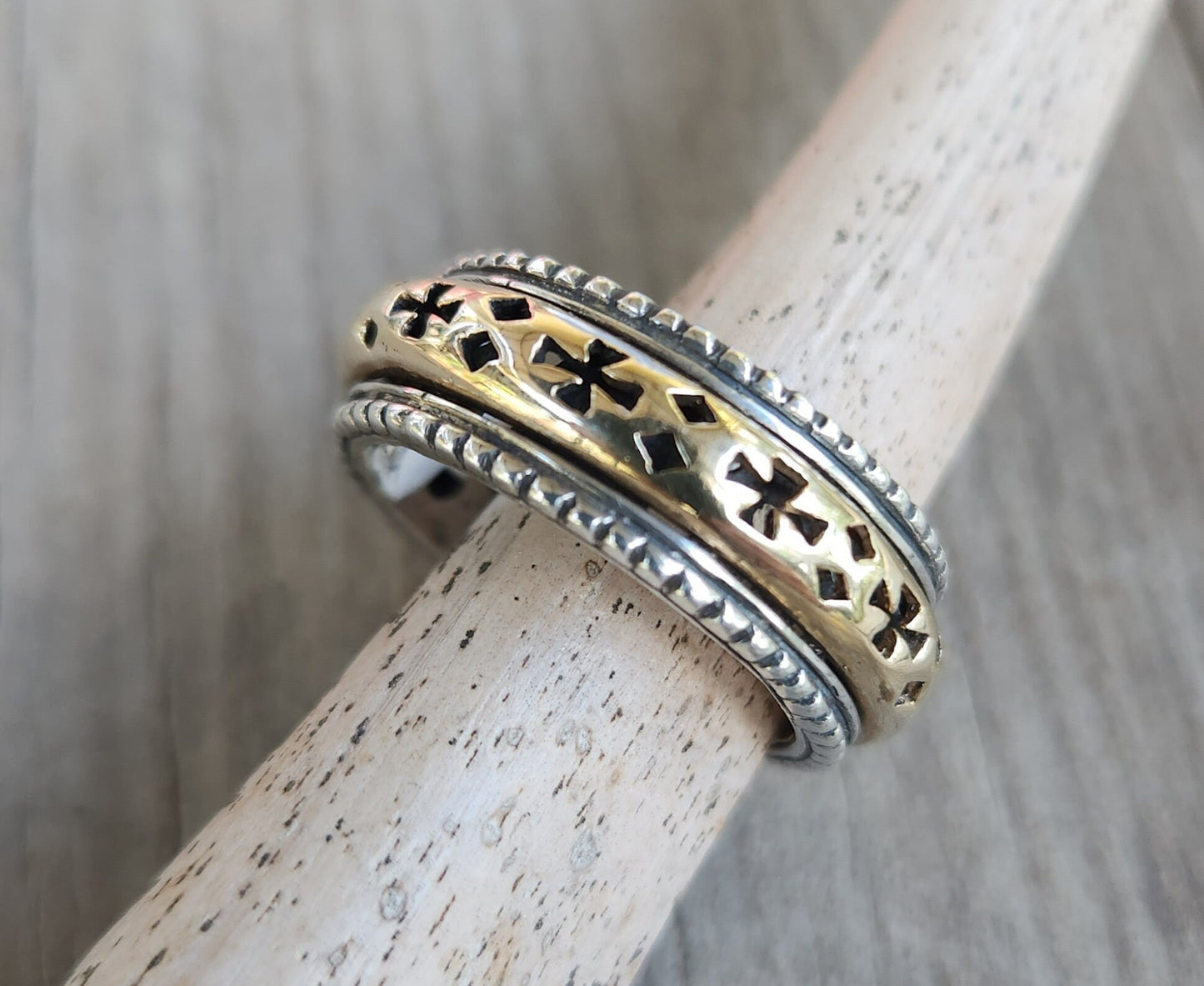 spinner ring,9k gold and sterling silver cross ring,two tone,mixed metal,handmade wedding band,worry ring