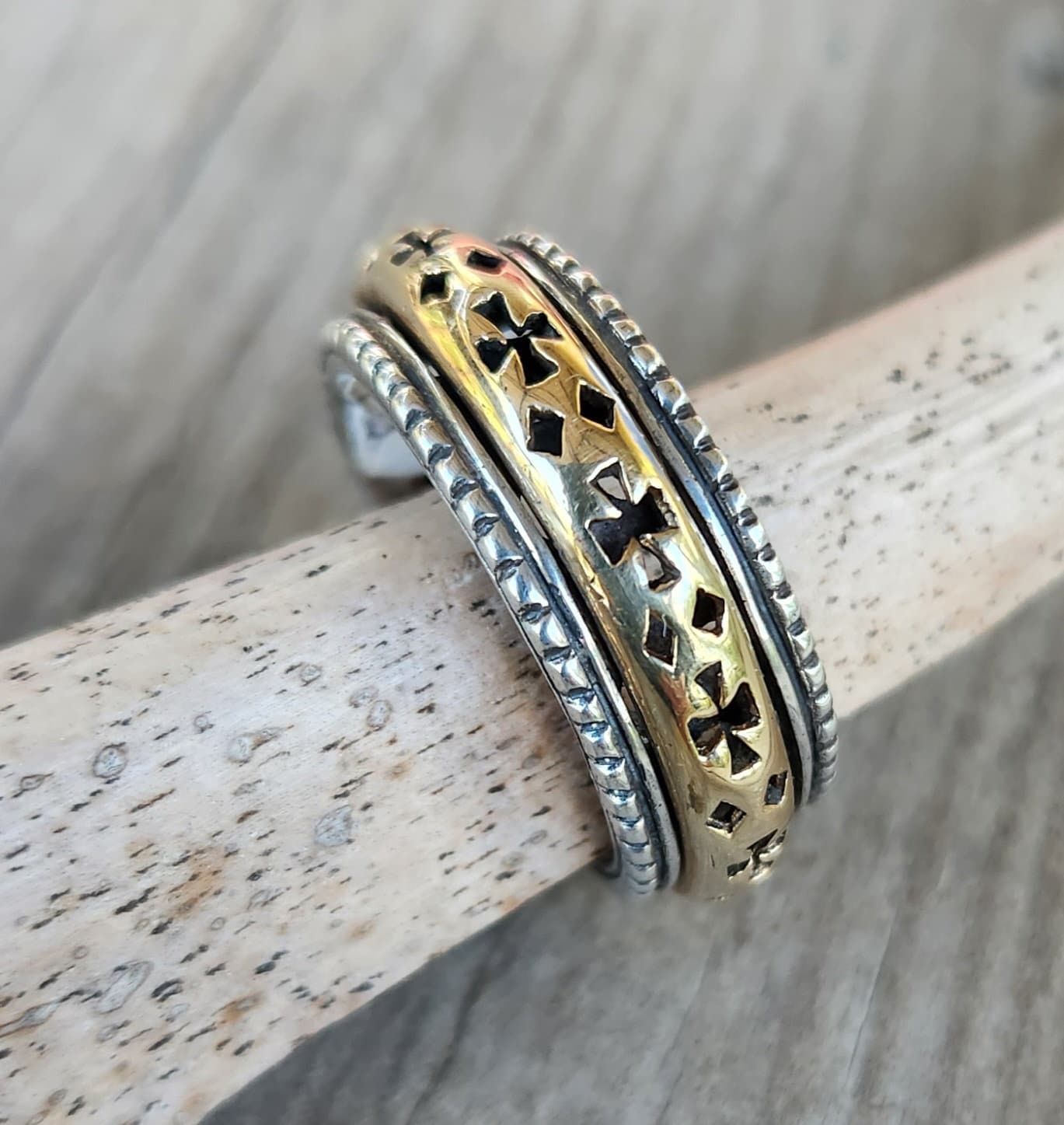 spinner ring,9k gold and sterling silver cross ring,two tone,mixed metal,handmade wedding band,worry ring