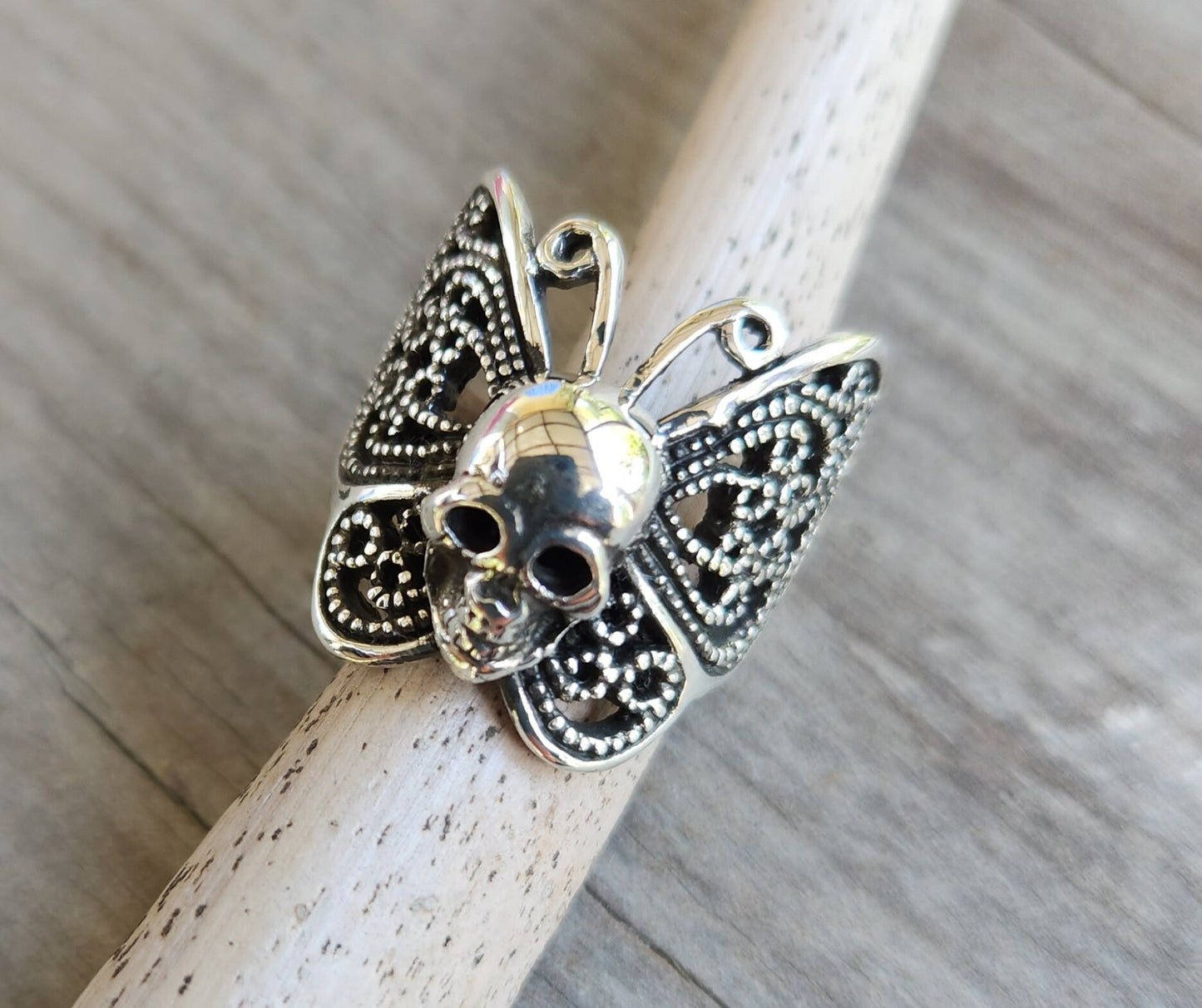 skull butterfly ring,sterling silver,filegree,large butterfly ring,handmade,womens skull ring,rockabilly,steampunk gothic,grunge,boho,gypsy,