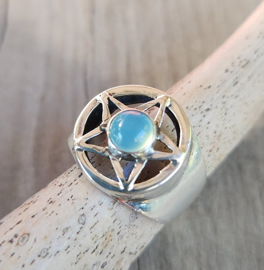 Pentagram ring,sterling silver,blue chalcedony star,occult,wiccan,witch,wizard,magic,binding,druid,boho,goth,handmade,