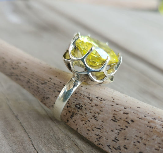 Large cz ring,sterling silver, handmade,goddess,boho,solitare ring,new age,goddess,cubic zirconia,