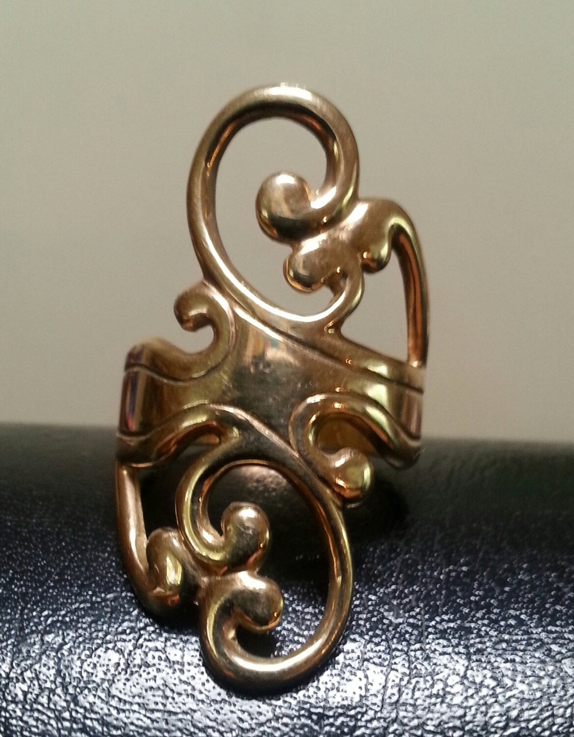 gold scroll ring,9ct, long ring,boho,art nouveau,swirls,scrolls,vintage,handmade,