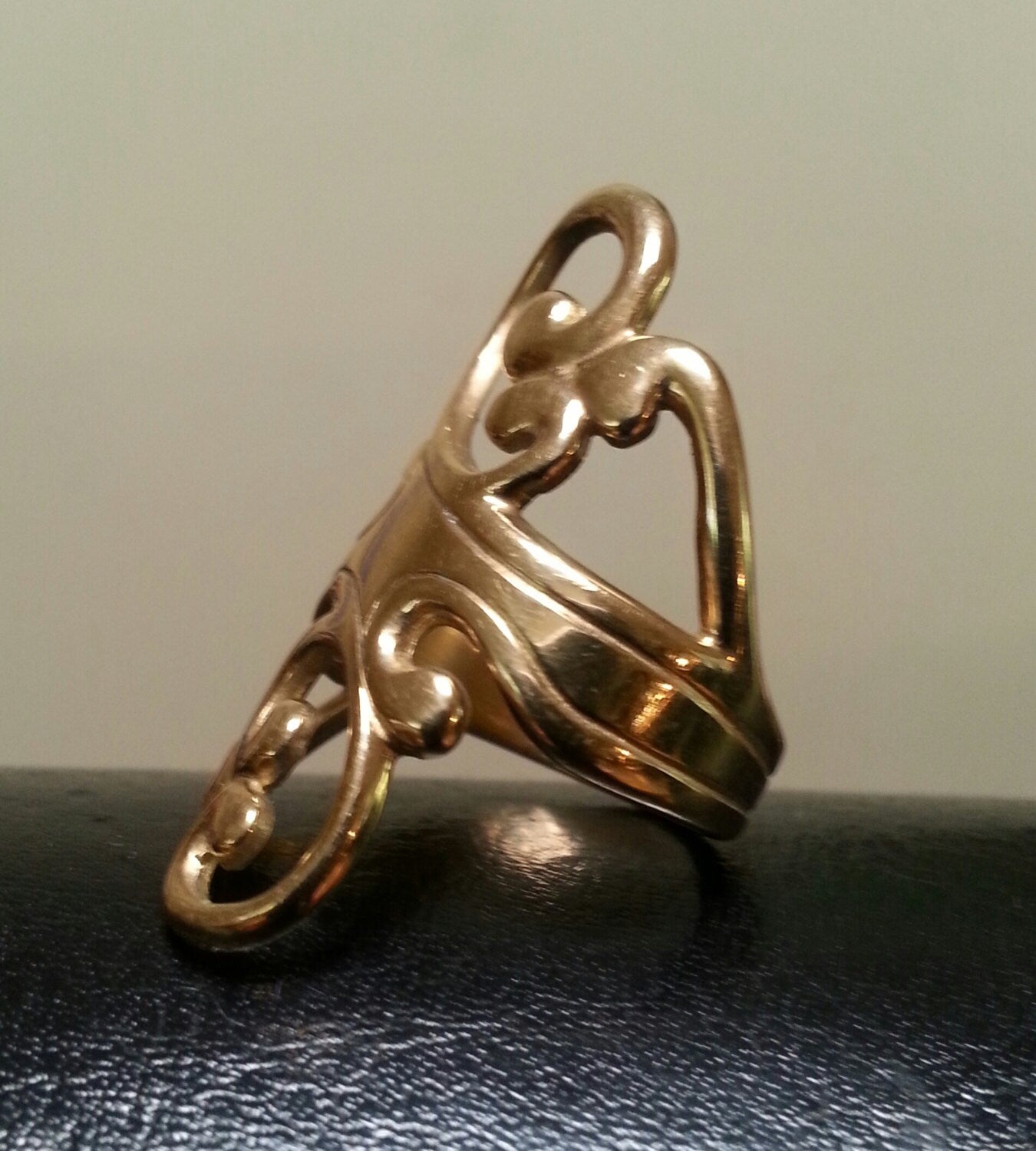 gold scroll ring,9ct, long ring,boho,art nouveau,swirls,scrolls,vintage,handmade,