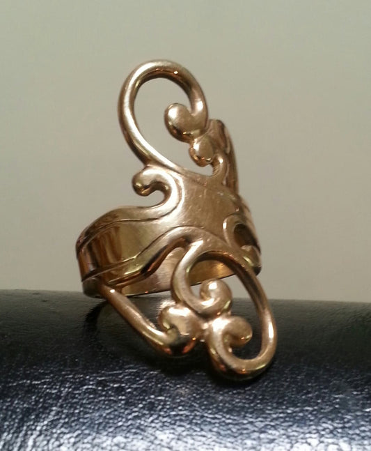 gold scroll ring,9ct, long ring,boho,art nouveau,swirls,scrolls,vintage,handmade,