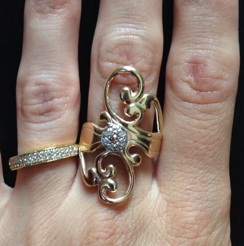 gold scroll ring,9ct, long ring,boho,art nouveau,swirls,scrolls,vintage,handmade,