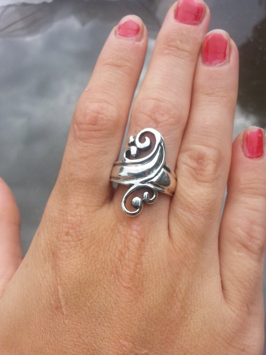 Long ring,sterling silver,scroll ring,vintage,handmade,boho,tribal swirl,festival, steampunk,gothic, art nouveau,celtic