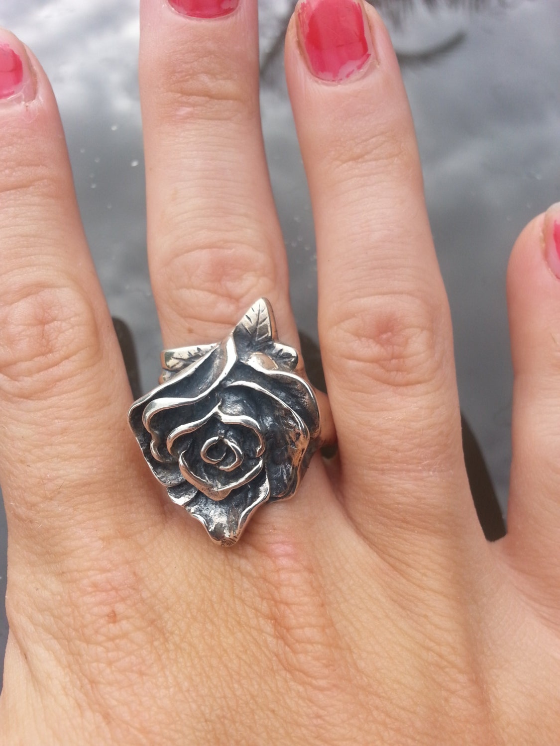 Rose ring,Large victorian style rose, sterling silver,long ring,vintage,boho, gothic art nouveau