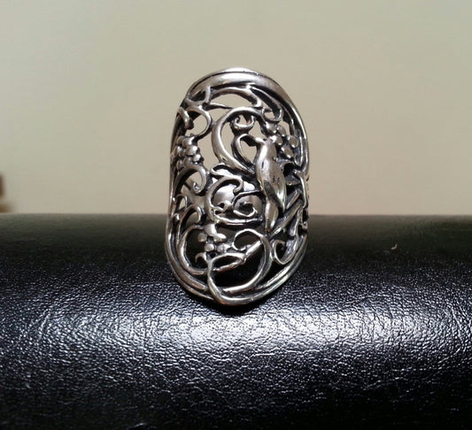 Large bird ring,sterling silver,swallow ring, filegree,vine,steampunk, gothic,antique,vintage, art nouveau,boho,hipster,hand made,long ring