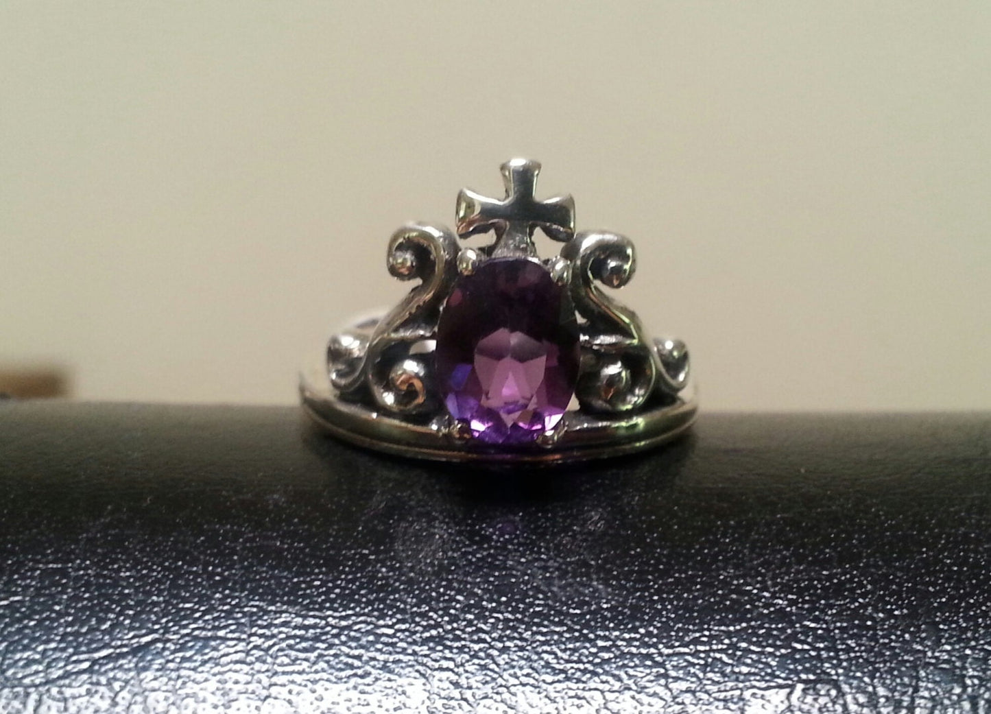 sterling silver amethyst cross scroll alternative steampunk gothic art nouveau  victorian ring