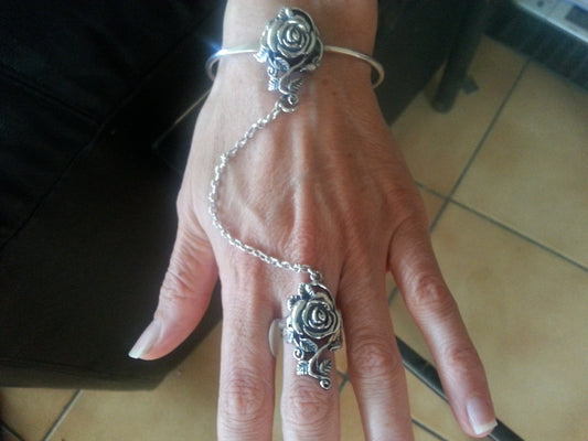 sterling silver rose slave bracelet/bangle chain alternative steampunk gothic art nouveau victorian boho gypsy hippy