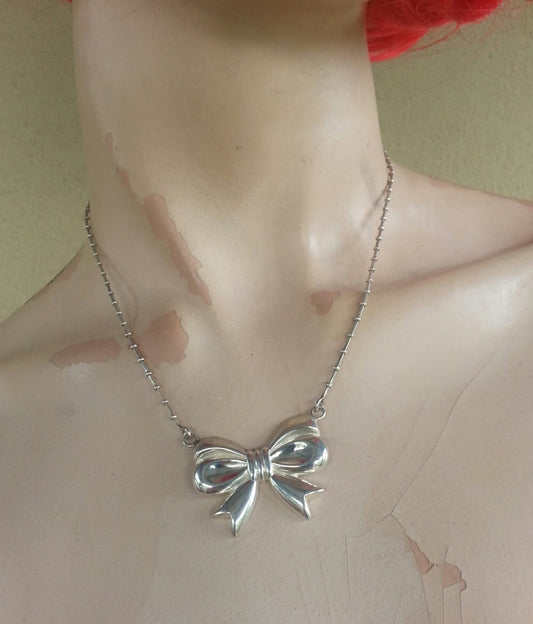 bow necklace,sterling silver,ribbon necklace,rockabilly, steampunk,gothic, art nouveau victorian