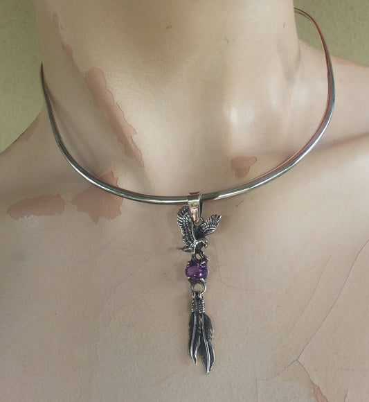 Eagle feather amethyst  pendant sterling silver biker steampunk gothic punk victorian gypsy hippy boho