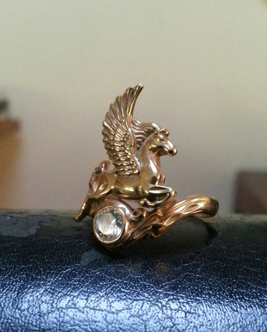 GOLD PEGASUS ring,mythical,9ct gold,horse,fantasy,new age,boho shic,hippy, art nouveau,women's fashion,goddess,unicorn,magic,Merlin,vintage