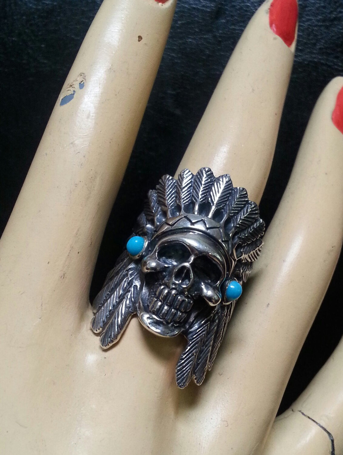 Large indian chief skull ring tribal sterling silver gothic punk