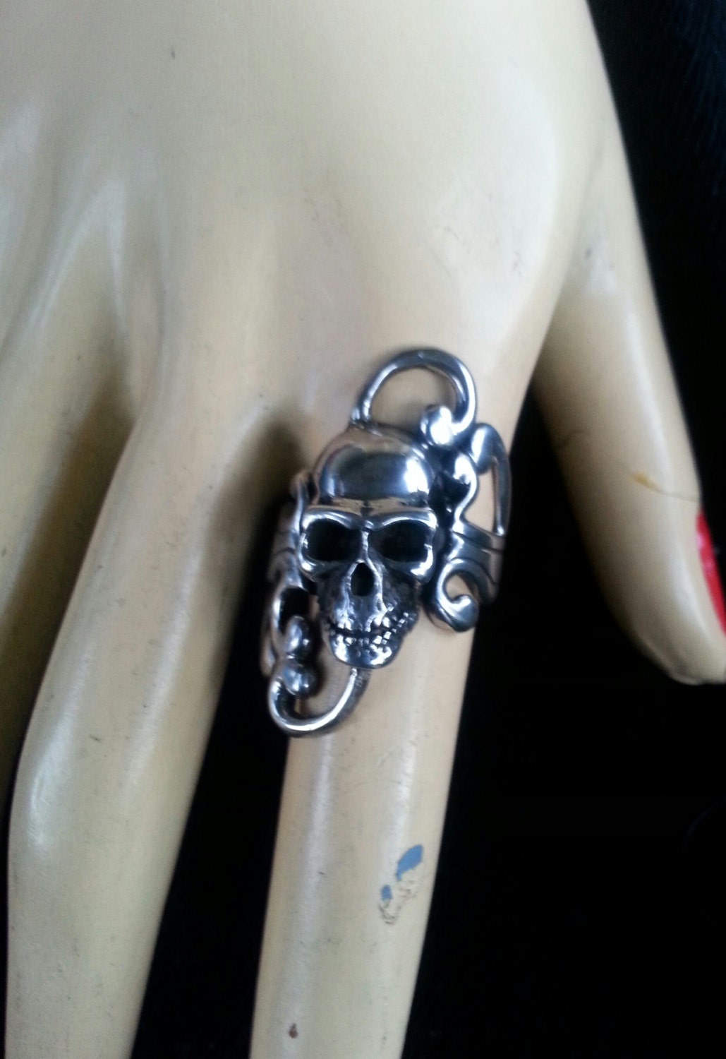 9k gold Skull ring,real gold,long ring,made to order, victorian steampunk scroll punk gothic ring