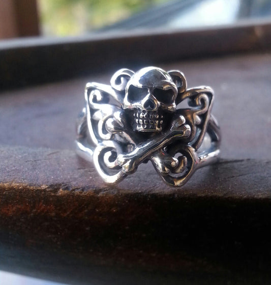 butterfly ring,skull and crossbone,sterling silver,skull ring, filegree,steampunk, gothic,boho,gypsy,skull butterfly ring,rockabilly,handmad