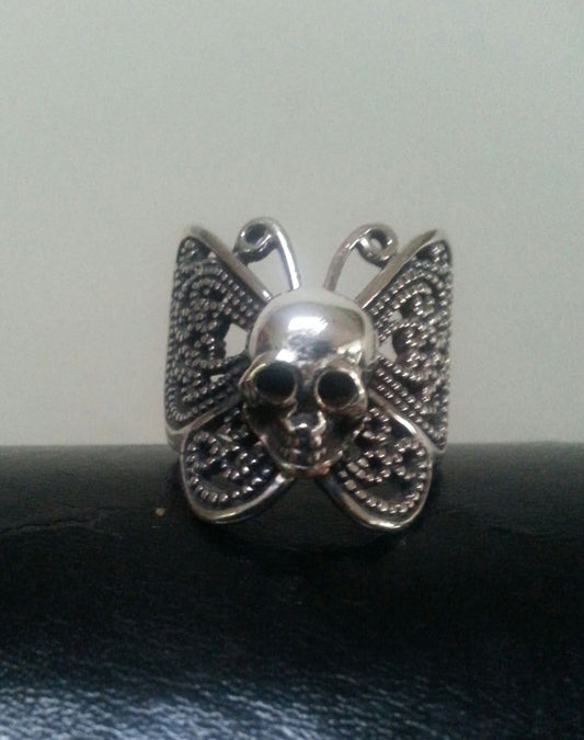 skull butterfly ring,sterling silver,filegree,large butterfly ring,handmade,womens skull ring,rockabilly,steampunk gothic,grunge,boho,gypsy,