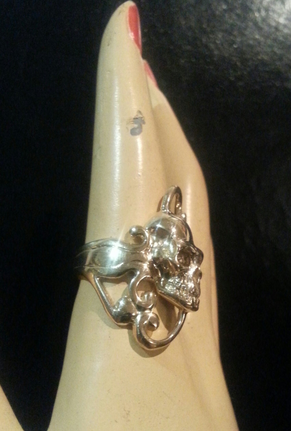 9k gold Skull ring,real gold,long ring,made to order, victorian steampunk scroll punk gothic ring