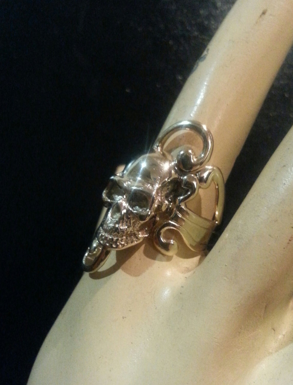 9k gold Skull ring,real gold,long ring,made to order, victorian steampunk scroll punk gothic ring