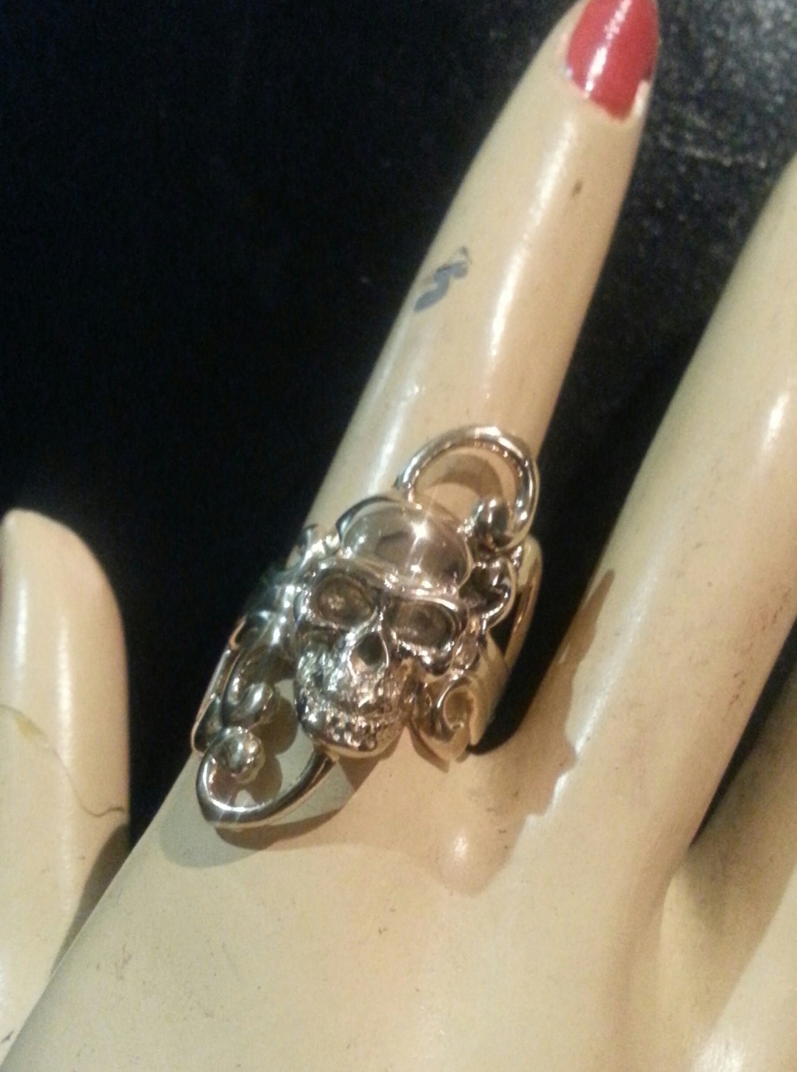 9k gold Skull ring,real gold,long ring,made to order, victorian steampunk scroll punk gothic ring