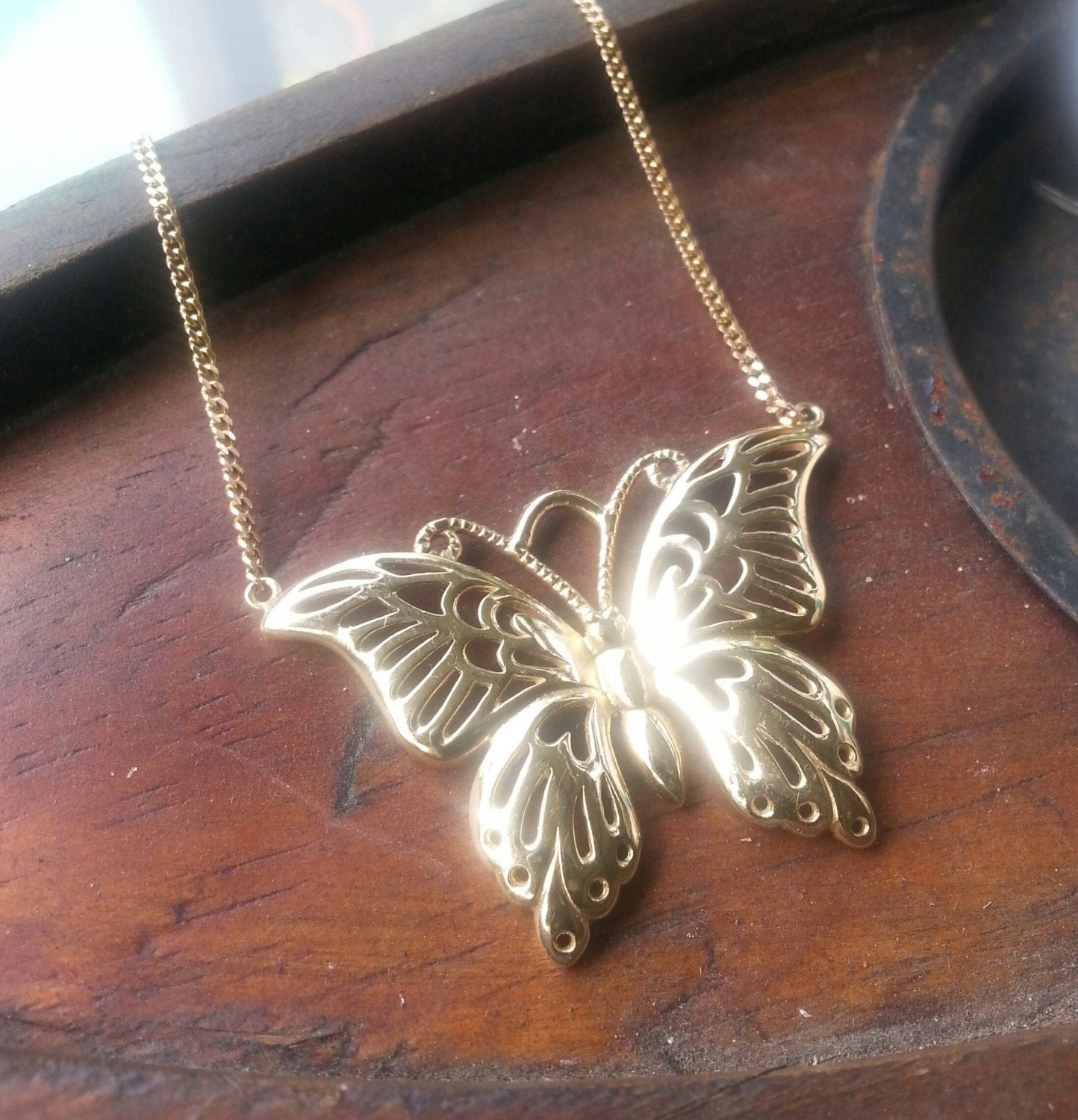 Large gold filegree butterfly  pendant boho fantasy art nouveau victorian