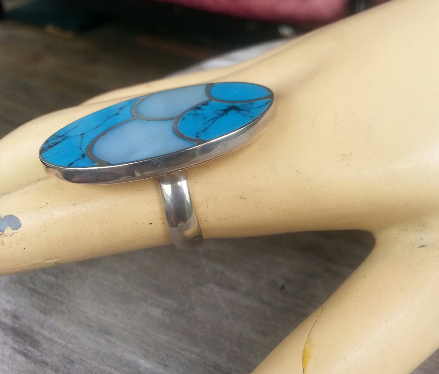 Large ring,inlay,sterling silver,turquoise, mother of pearl inlay,boho, goddess ring,new age,shell ring,mosaic,chunky ring,gypsy,