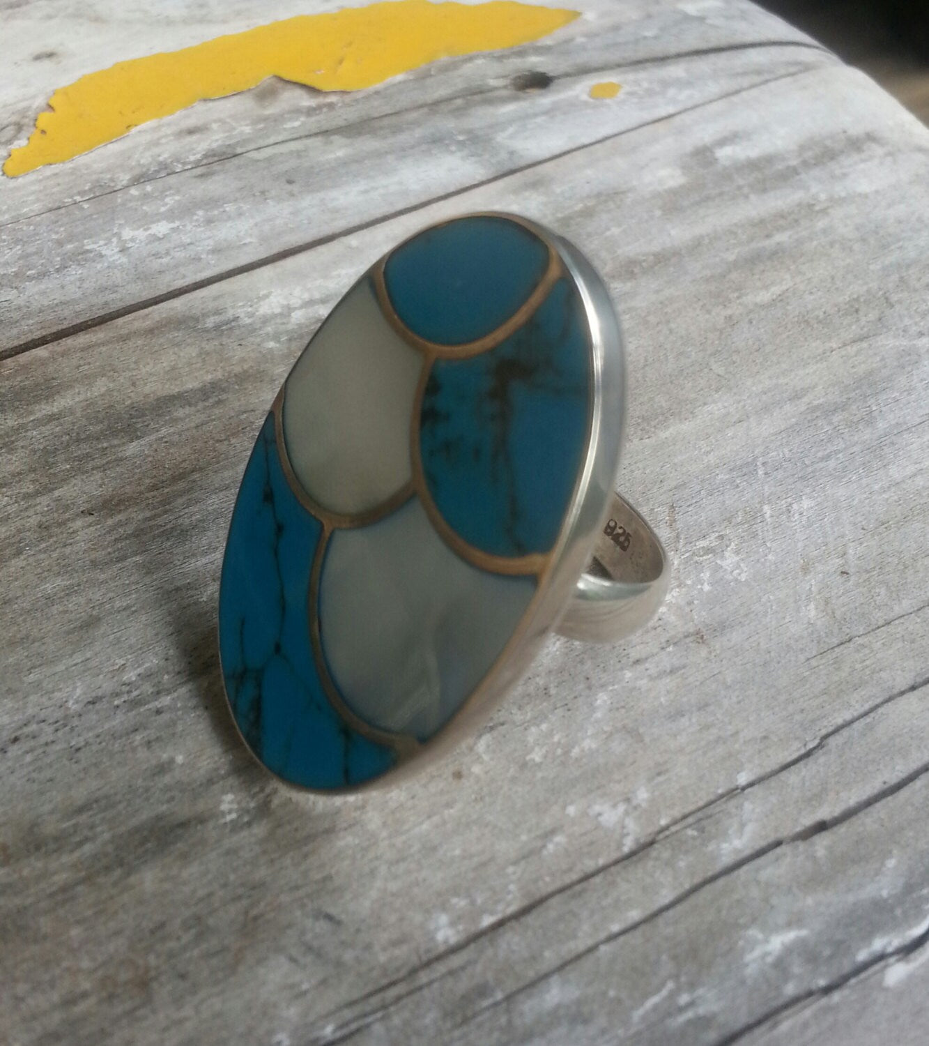 Large ring,inlay,sterling silver,turquoise, mother of pearl inlay,boho, goddess ring,new age,shell ring,mosaic,chunky ring,gypsy,