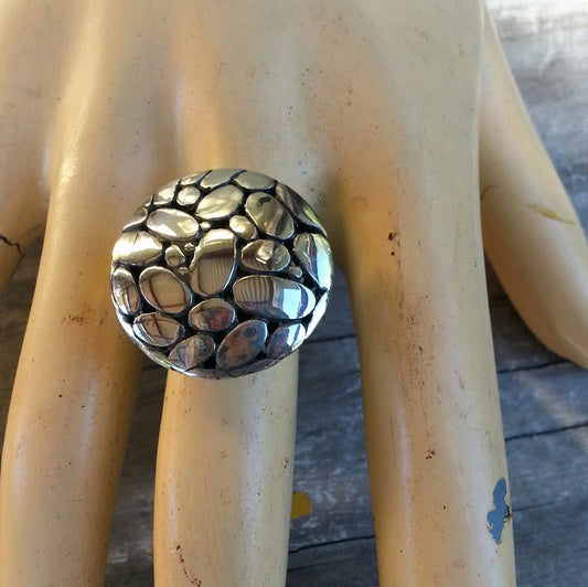 Large ring,discs,domed,boho, stunning,sterling silver,handmade,chunky ring,industrial,goddess,steampunk,retro,vintage,women's fashion,hippy