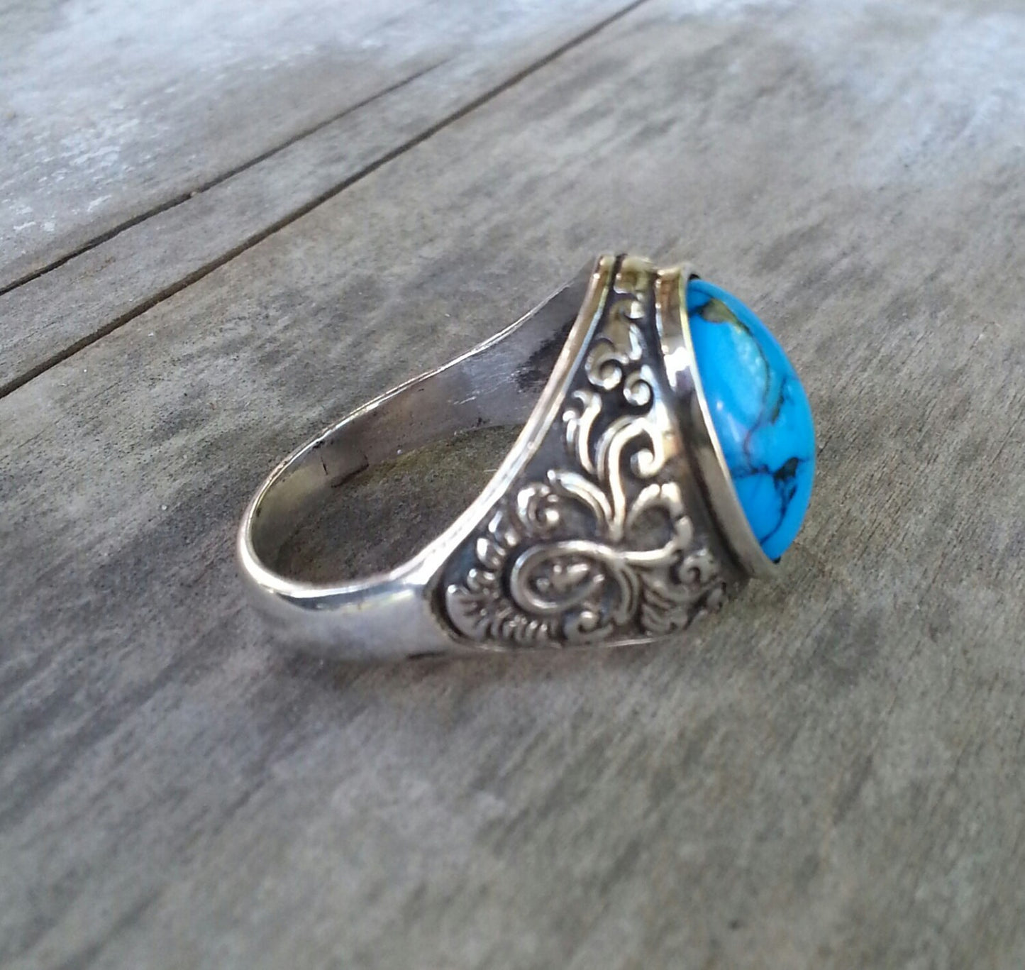 Turquoise ring, sterling silver,vintage scroll, bespoke,boho,mans  dress wedding dress ring antique scroll pattern