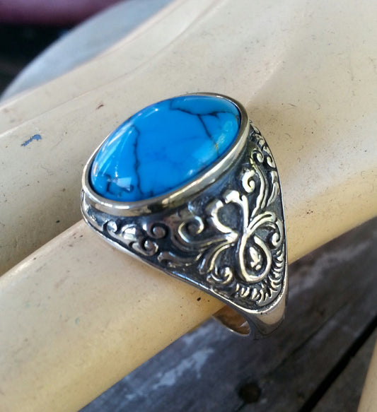 Turquoise ring, sterling silver,vintage scroll, bespoke,boho,mans  dress wedding dress ring antique scroll pattern