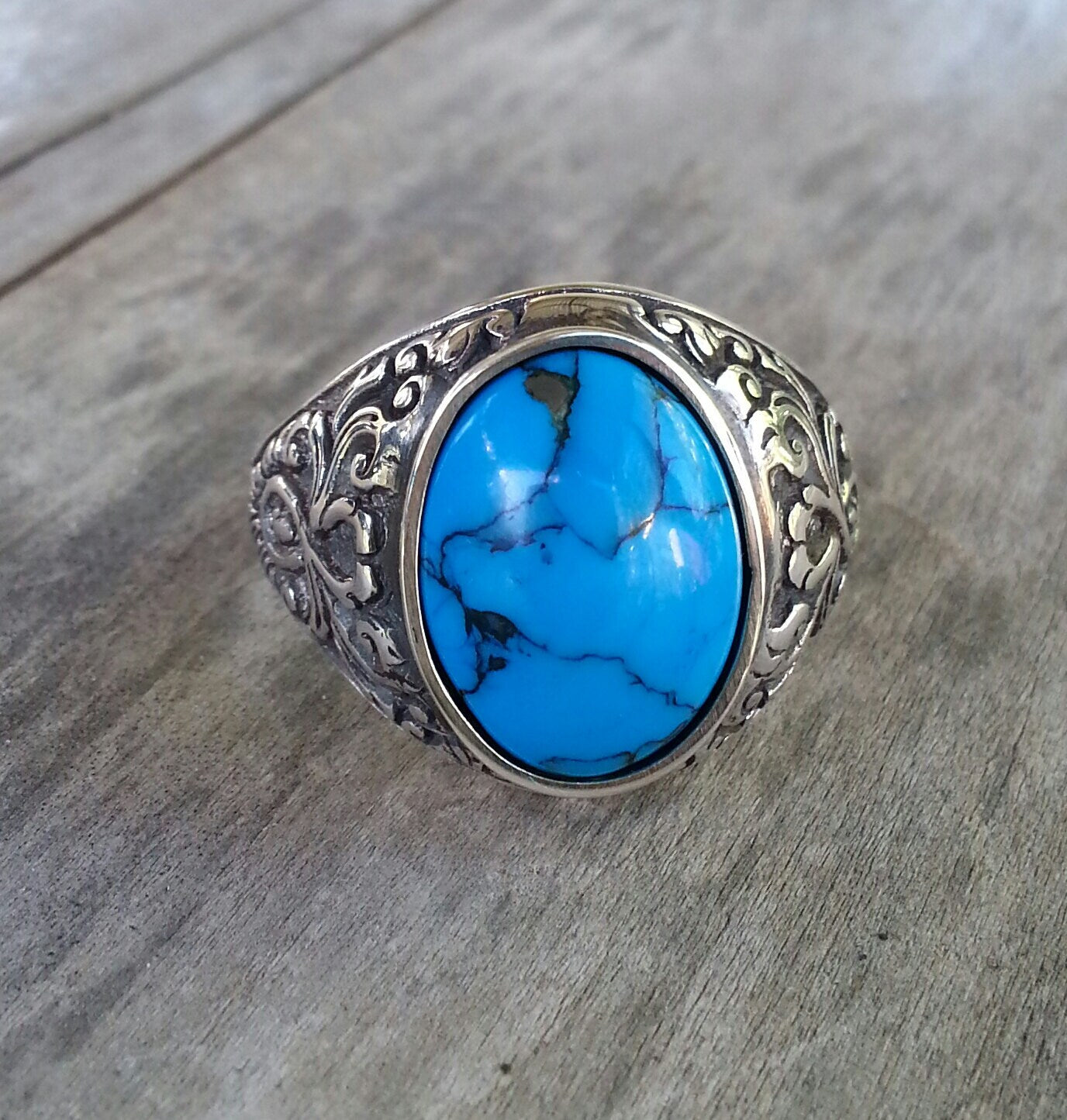 Turquoise ring, sterling silver,vintage scroll, bespoke,boho,mans  dress wedding dress ring antique scroll pattern