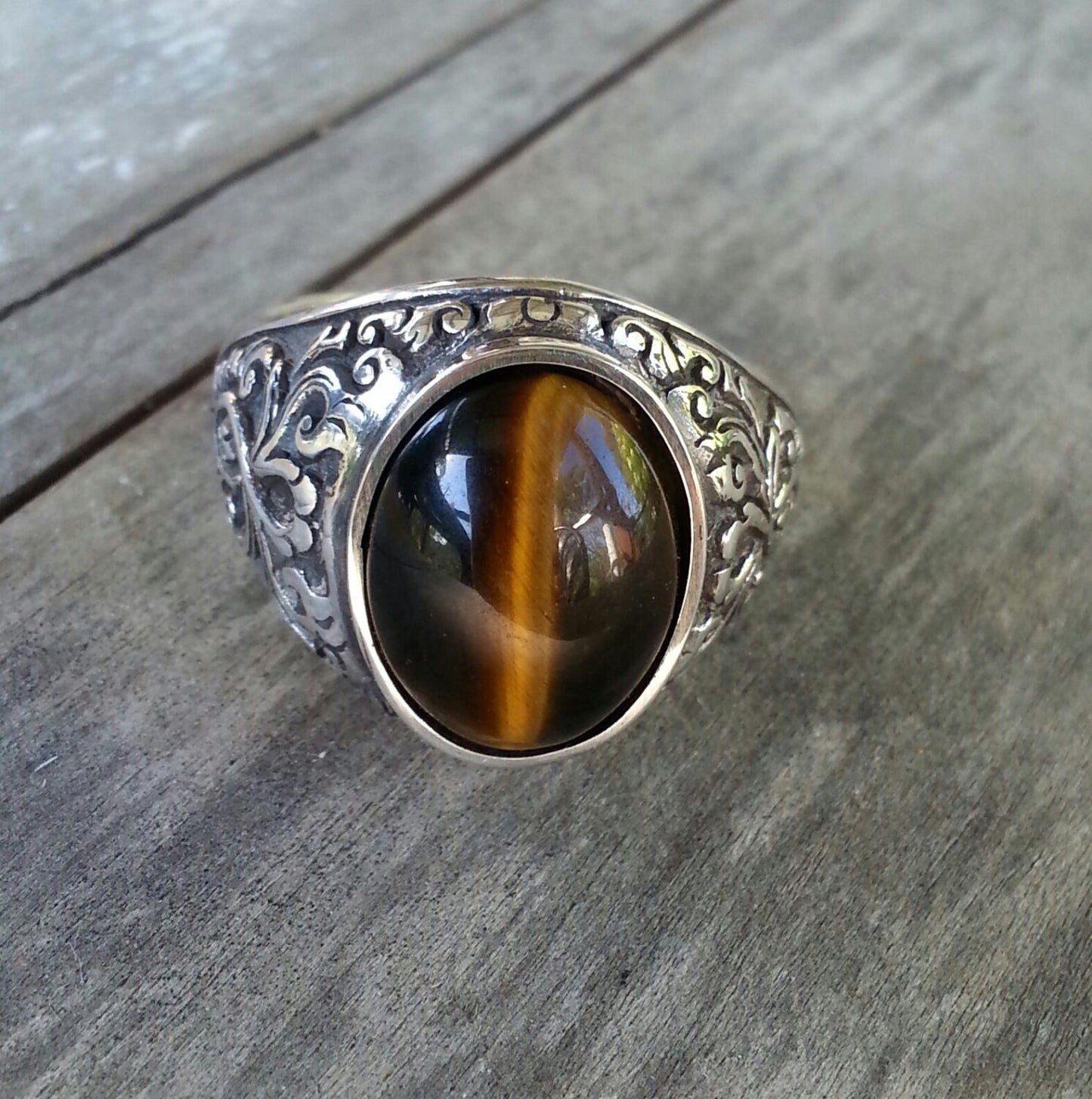 Brown tigers eye,sterling silver,wedding ring, stone ring,antique scroll ,vintage,hand made,vintage,rustic,boho