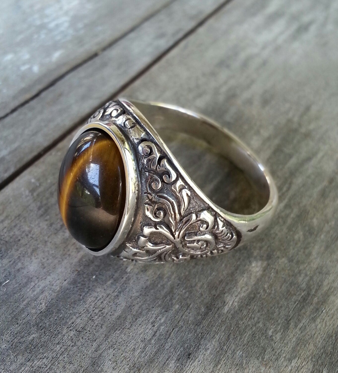 Brown tigers eye,sterling silver,wedding ring, stone ring,antique scroll ,vintage,hand made,vintage,rustic,boho