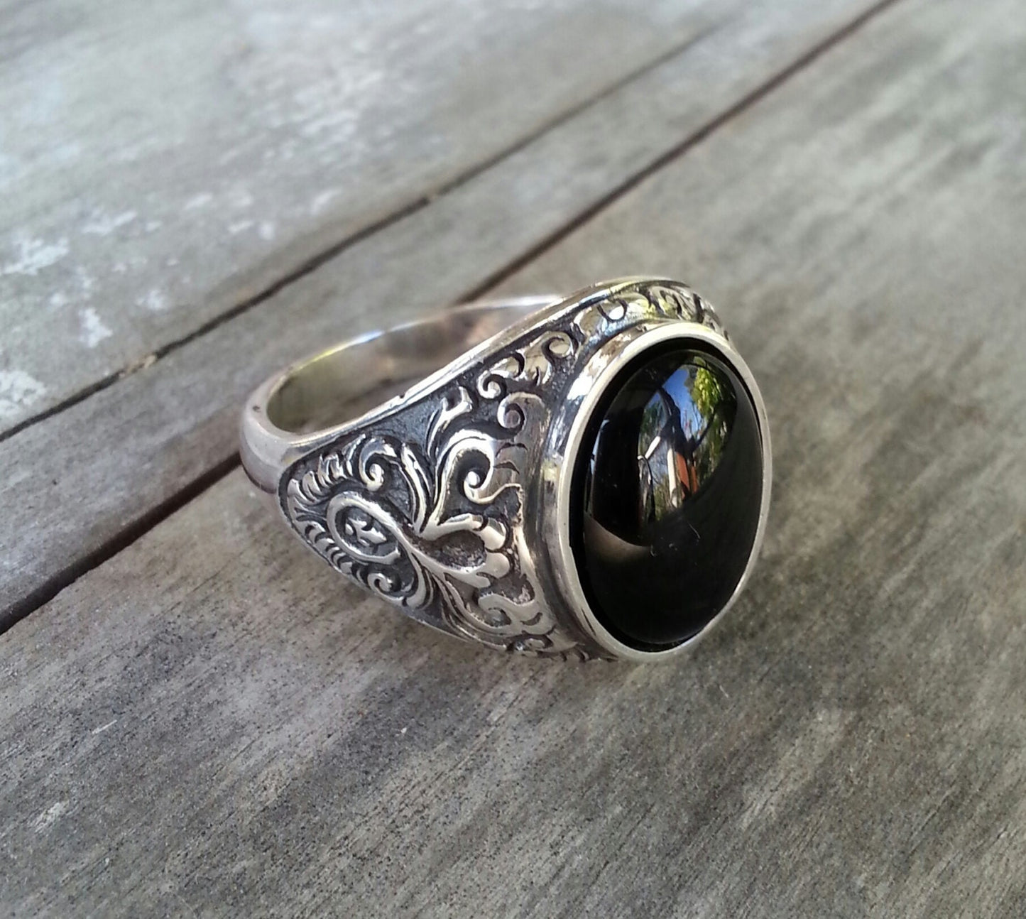 Onyx ring,sterling silver,chunky silver ring,handmade,silver wedding,antique, scroll,Victorian,vintage,new age,mans stone ring,black stone