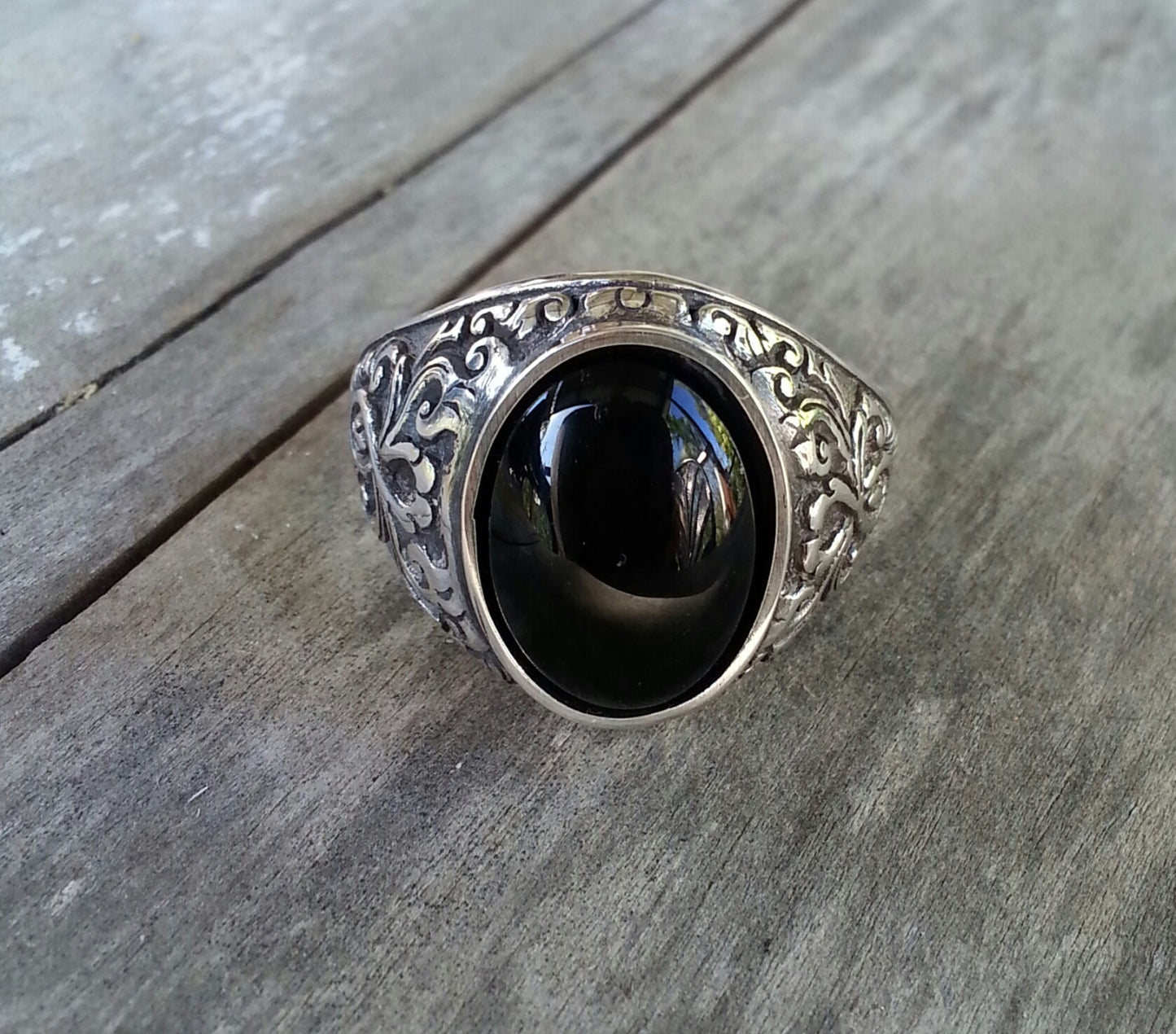 Onyx ring,sterling silver,chunky silver ring,handmade,silver wedding,antique, scroll,Victorian,vintage,new age,mans stone ring,black stone