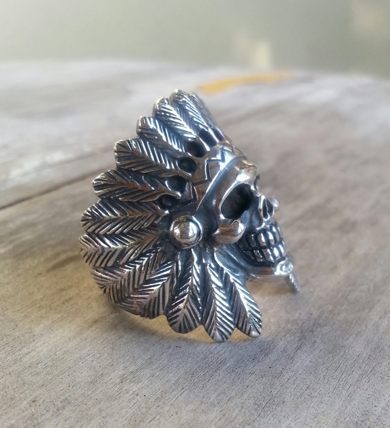 Large indian chief,skull ring, tribal, sterling silver,gothic,handmade,Indian ring,feathers,