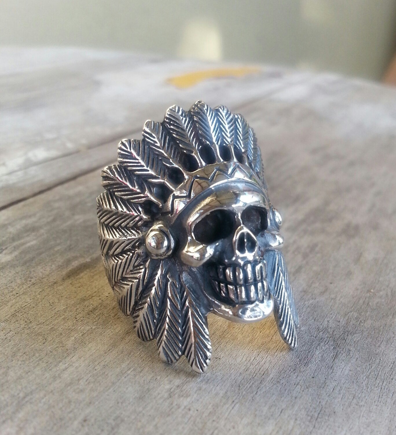 Large indian chief,skull ring, tribal, sterling silver,gothic,handmade,Indian ring,feathers,