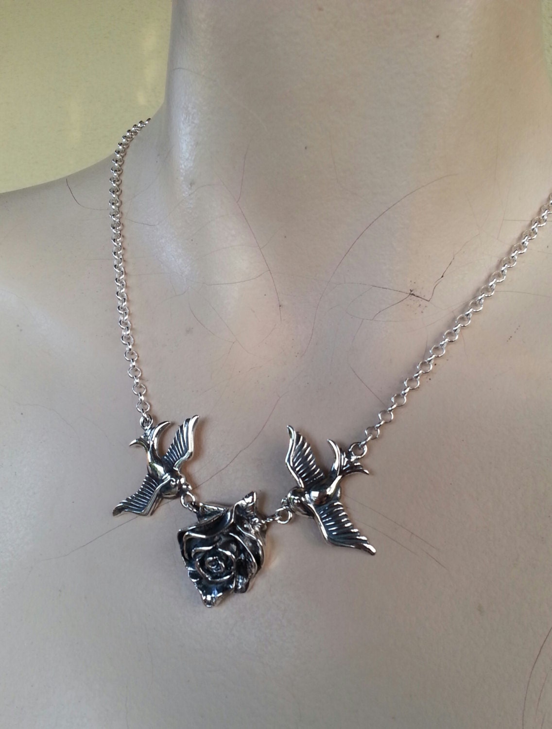 swallow necklace,sterling silver,rose,bluebird,rockabilly, steampunk,gothic,boho,gypsy,goddess,MADE TO ORDER.