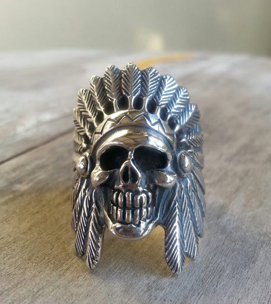 Large indian chief,skull ring, tribal, sterling silver,gothic,handmade,Indian ring,feathers,