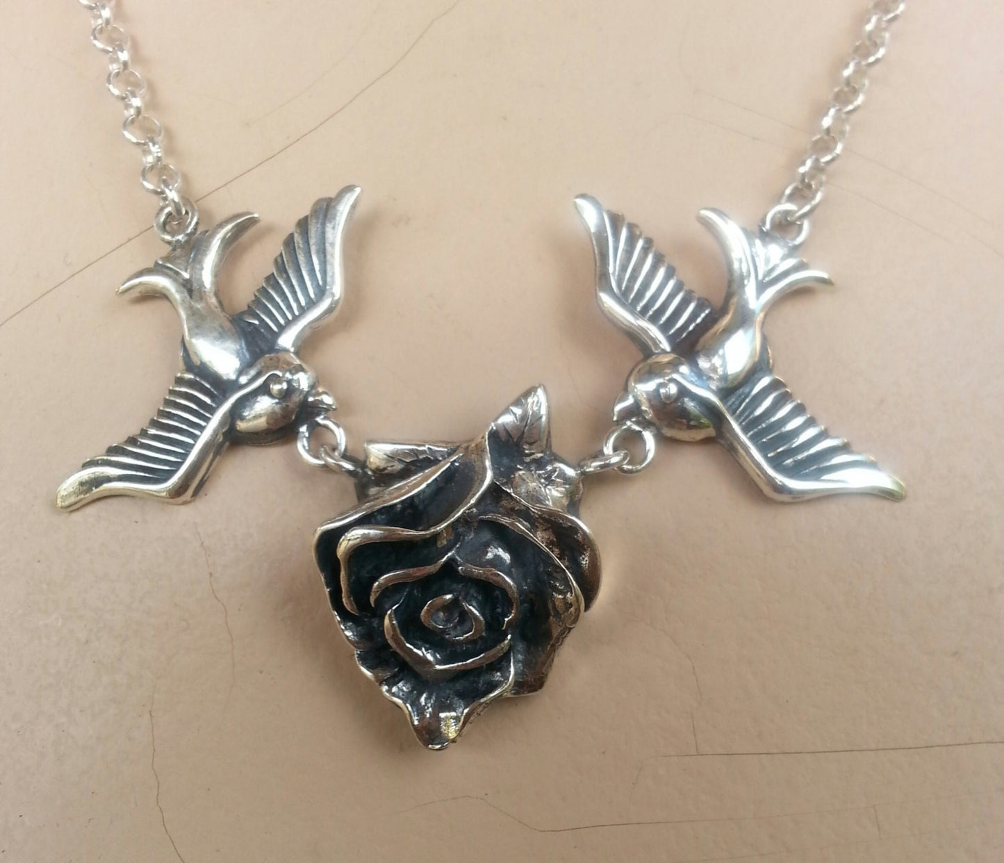 swallow necklace,sterling silver,rose,bluebird,rockabilly, steampunk,gothic,boho,gypsy,goddess,MADE TO ORDER.