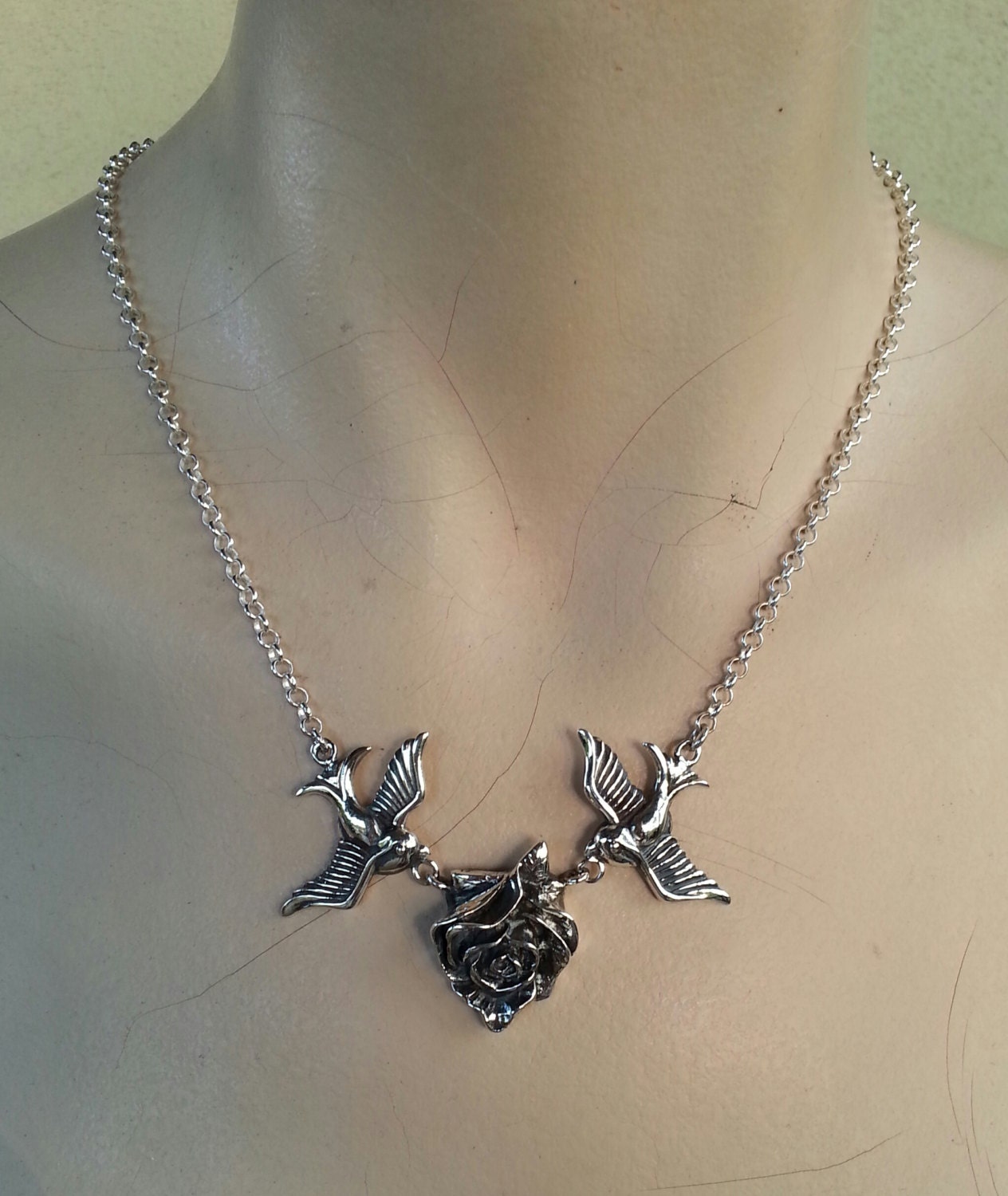 swallow necklace,sterling silver,rose,bluebird,rockabilly, steampunk,gothic,boho,gypsy,goddess,MADE TO ORDER.