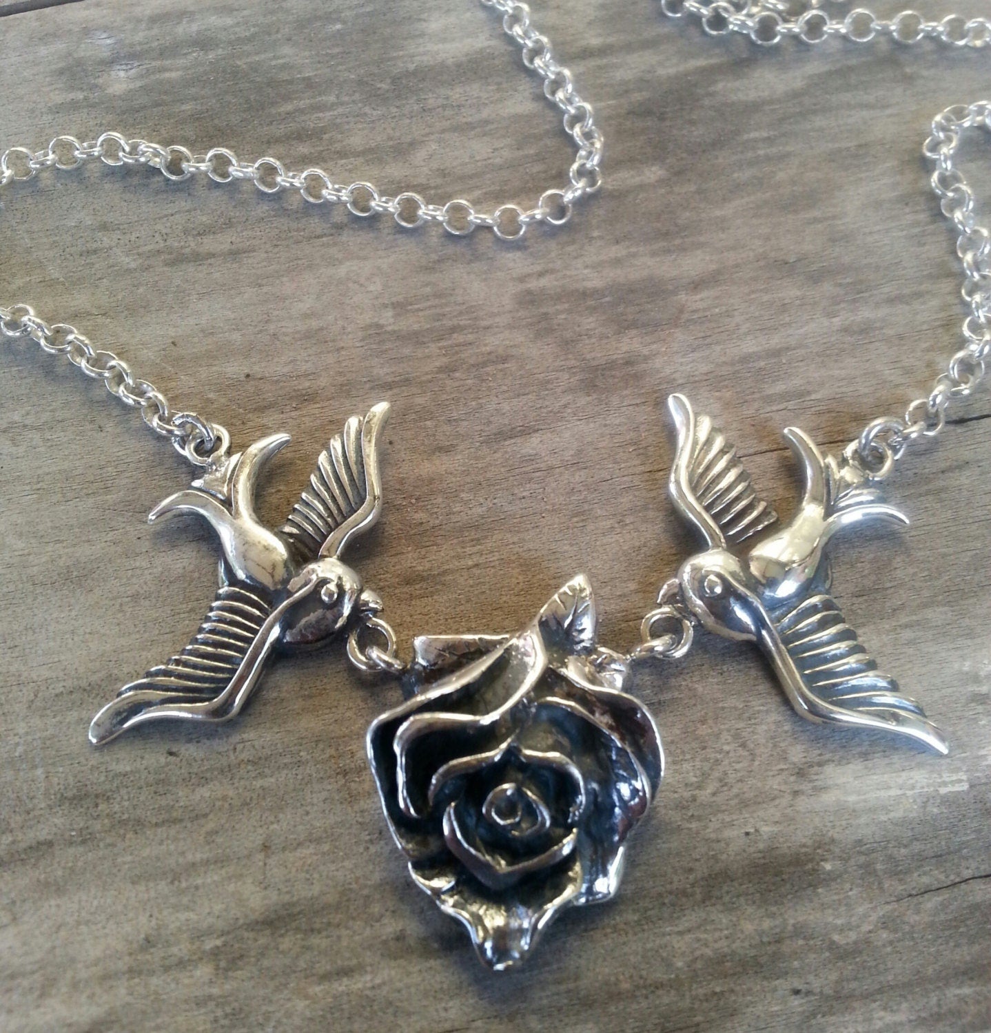 swallow necklace,sterling silver,rose,bluebird,rockabilly, steampunk,gothic,boho,gypsy,goddess,MADE TO ORDER.