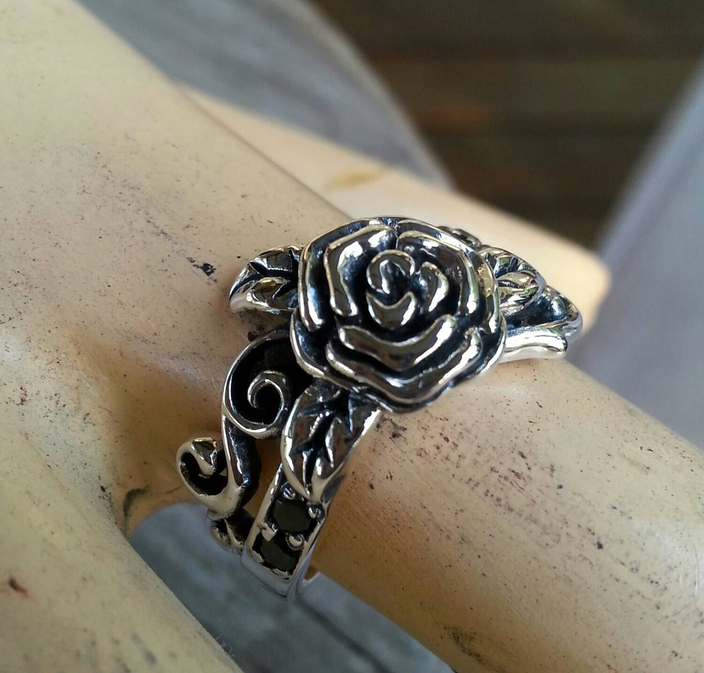 rose ring,Sterling silver,white stones,cz,steampunk, gothic, art nouveau,gypsy, victorian,vintage,rockabilly,hand made,vines,flower,wedding,