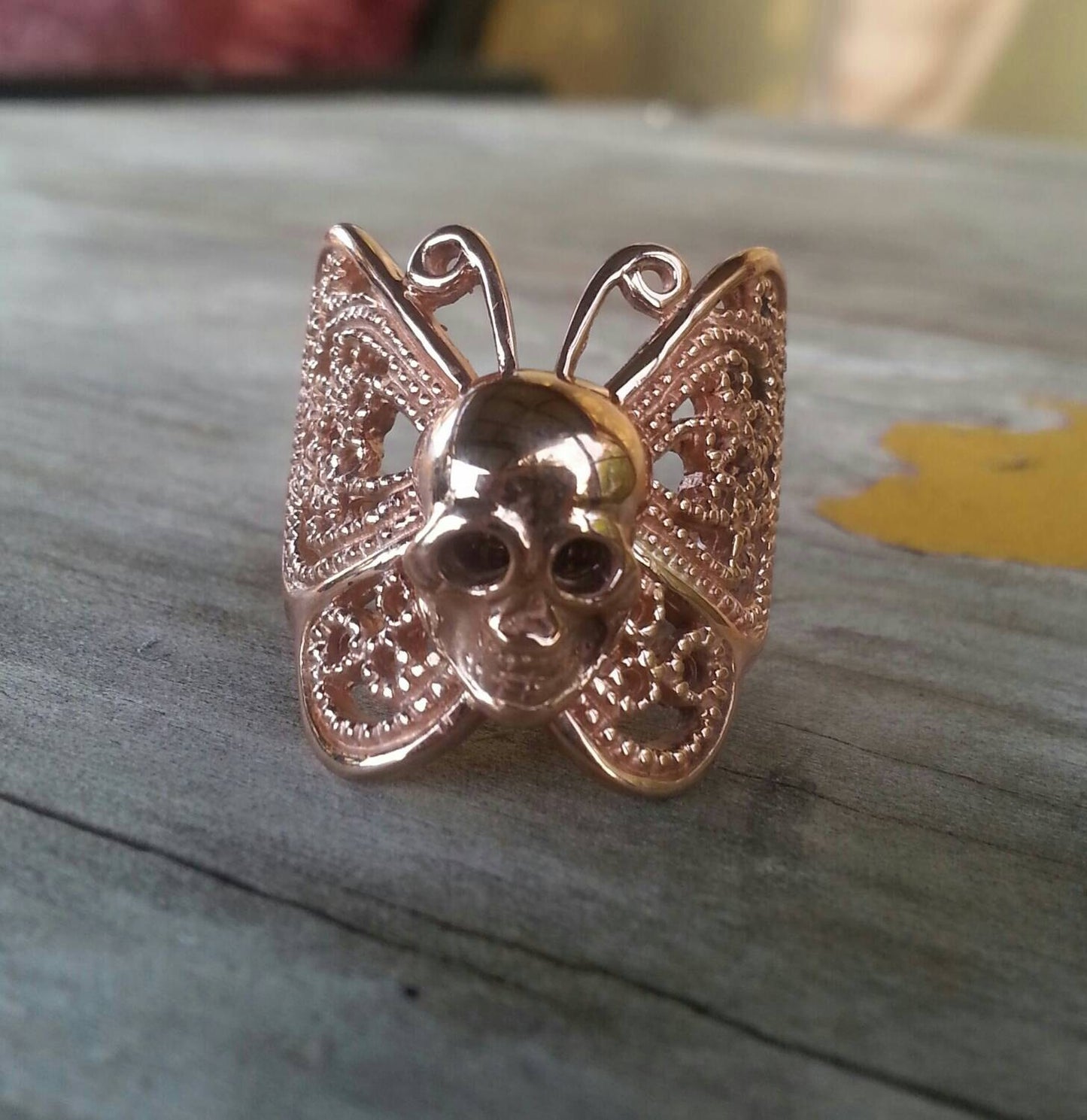 MADE TO ORDER,gold butterfly,skull ring,9ct, rose gold, filegree ring,rockabilly, steampunk, gothic,grunge.boho,shic,handmade,womens fashion